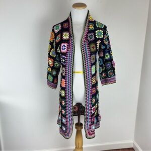 Alix pinho Crochet Cardigan Sweater Size S Black Granny Squares